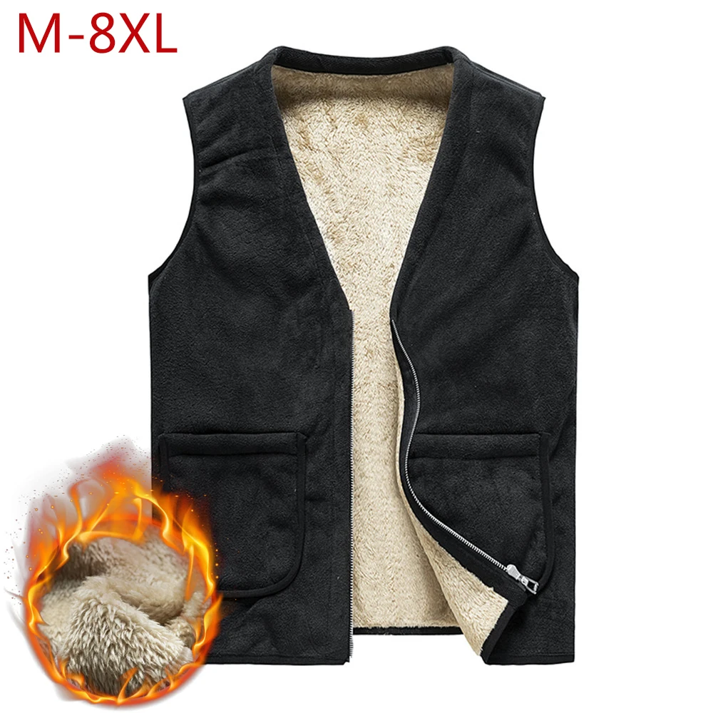 

Winter Men Fleece Vest Simple Solid Sleeveless Jackets Autumn Casual Thick Warm Waistcoat V-Neck Men Coats Plus Large Size M-8XL