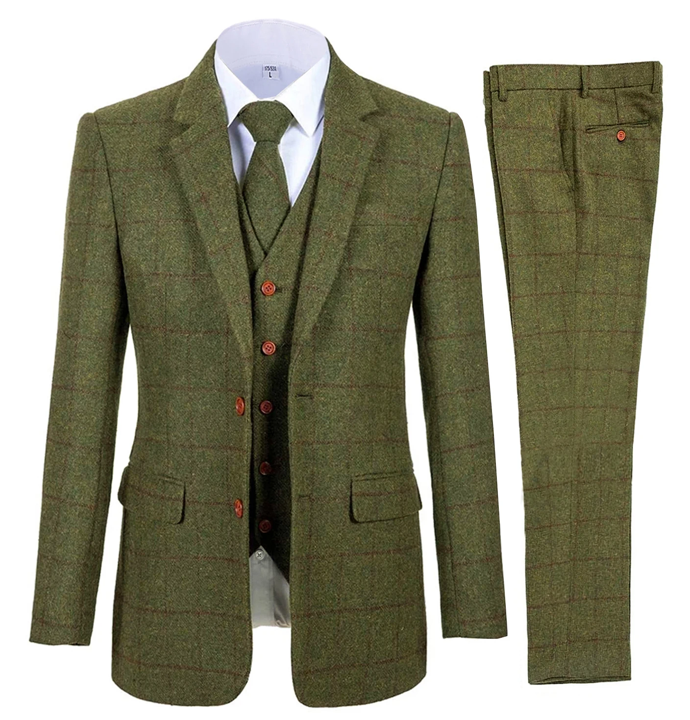 Brown Men Suits Plaid Tweed Suits for Man Three Pieces Vintage Lapel Tuxedos Groomsmen Winter Wedding Suit(Blazer+Vest+Pants)