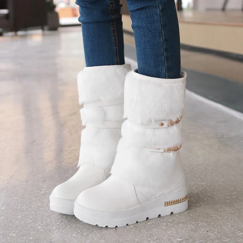 New Winter Warm Snow Boots Women Thick Fur Insidewedges Heel Mid-calf Female White Black Platform Boots 581