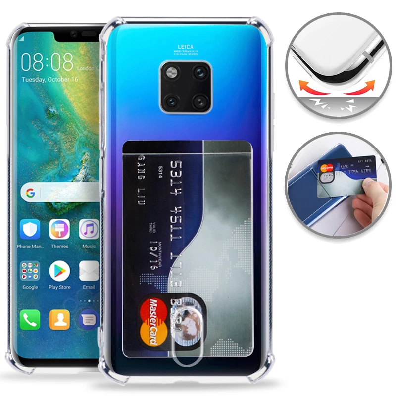 Transparent Card Case for Huawei P30 P20 Lite Screen Protector Case With Card Slot Holder for Huawei Mate10 20 30 Pro Shell Capa