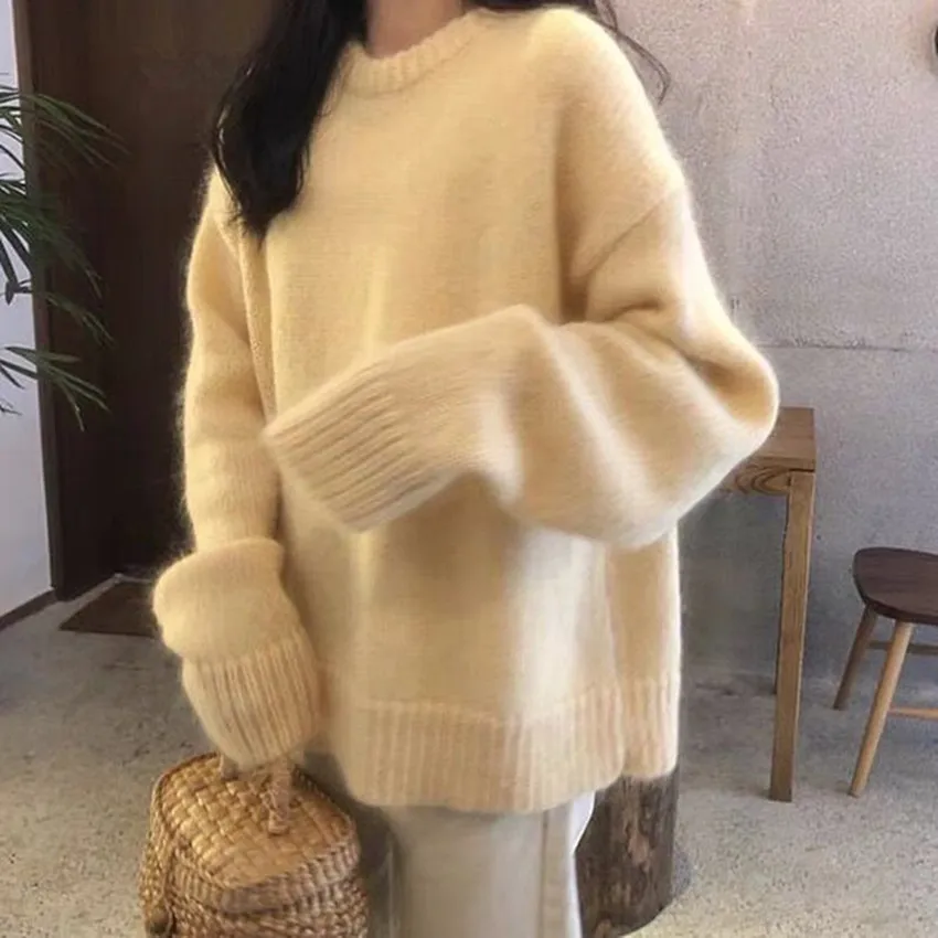 2023 High Quality Women Purple Knitted Pullovers New Designer Autumn Winter O Neck Soft Mink Cashmere Loose Sweater Lazy Style