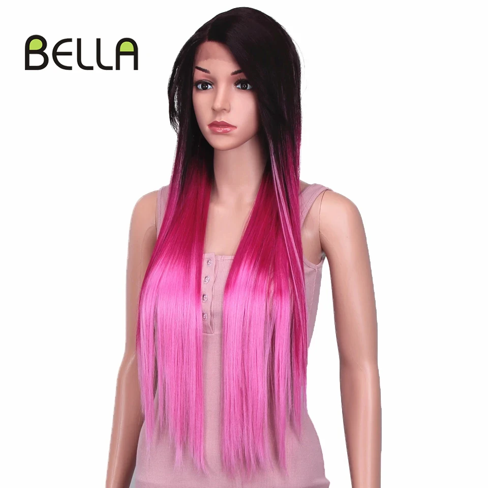 Bella Lace Wig Synthetic 30 Inch Long Straight Wig Pink Heat Resistant Ombre Pink Side Part Straight Hair Lace Wigs For Women