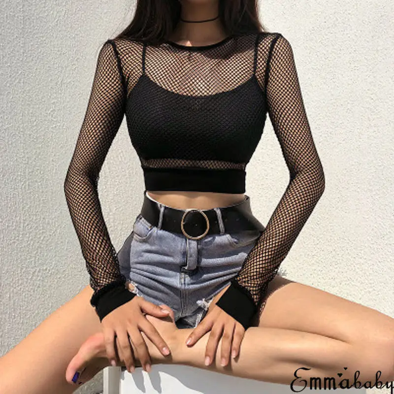 Sexy Black Hollow Out Mesh Female Skinny Crop Top New Fashion Summer Basic Tops For Women Fishnet Shirt