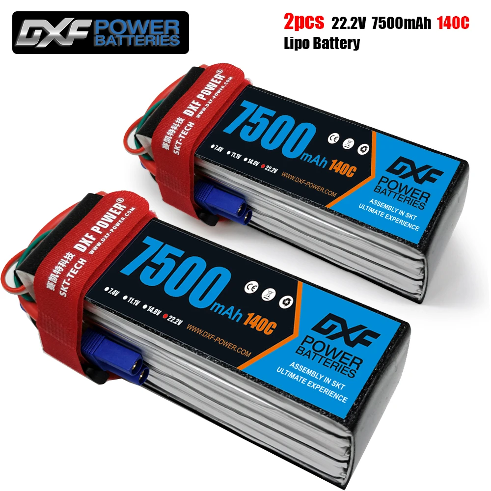 2PCS DXF 2S 3S 4S 6S 7.4V 11.1V 14.8V 22.2V Lipo Battery 7500mah 140C 280C for RC Truck Boat Car Drone Helicopter FPV 1/8 Buggy