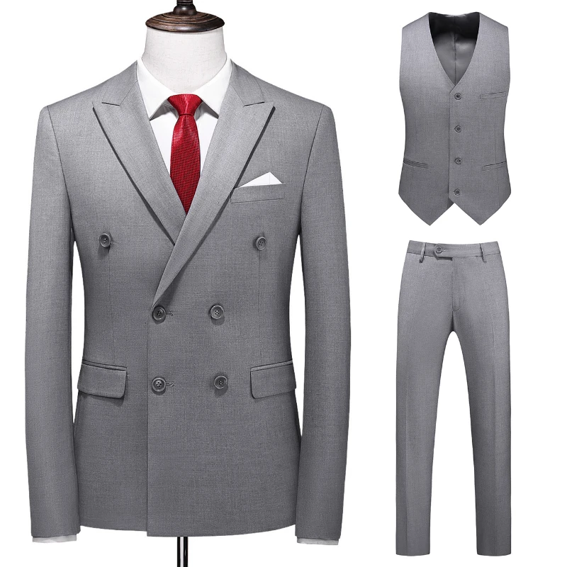 Formal Men Suits Double Breasted Solid Classical Slim Fit Tuxedo Male Suit 3 Pieces (Vest+Jacket+Pants)