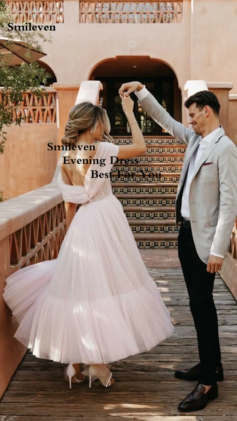 Smileven Licht Roze Gestippelde Tulle Sweetheart Korte Prom Dresses Een Lijn Thee Lengte Avondjurken Uit De Schouder Party Dress