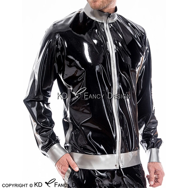 Black And Silver Trims Sexy Latex Jacket Zipper At Front High Collar Rubber Coat Top YF-0149