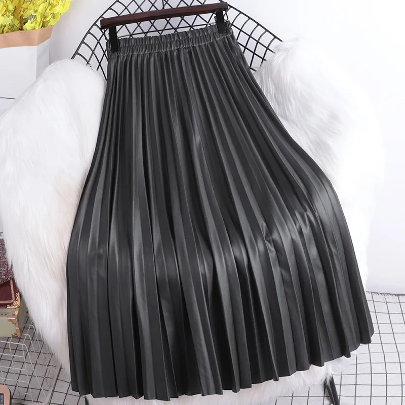 2024 Autumn Winter New Elastic High Waist Slim Simple Solid Color Pu Leather Skirt Casual Loose Women Long Skirt Free Shipping