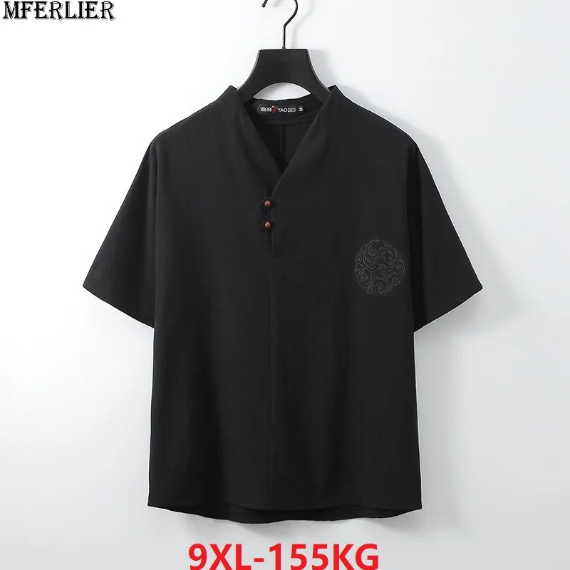 

high quality Summer Men chinese style vintage big size T-shirt Short Sleeve Tees oversize 7XL 8XL 9XL casual v-neck linen tshirt