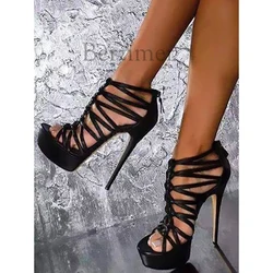 BERZIMER Sexy Women Platform Sandals Stiletto Heels Back Zip Party Sandalias Pumps Mujer Shoes Woman Large Size 39 45 47 52