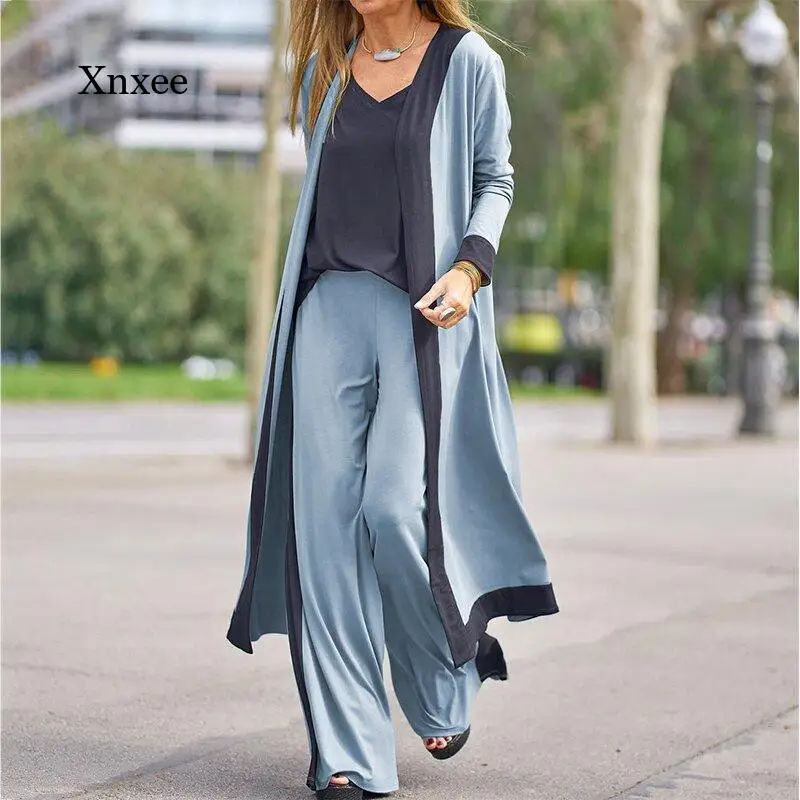 V Neck Three Piece Set Elegant Office Lady Women's Vintage Vest Tops Cardigan Long Pants Suit Patchwork Female Autumn Outfits