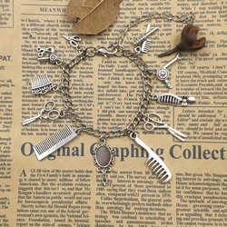 Retro Silver Plated Manual Barbershop Articles Series Hair Dryer Scissors Comb Style Chain Bracelet Birthday Gift CW027-030