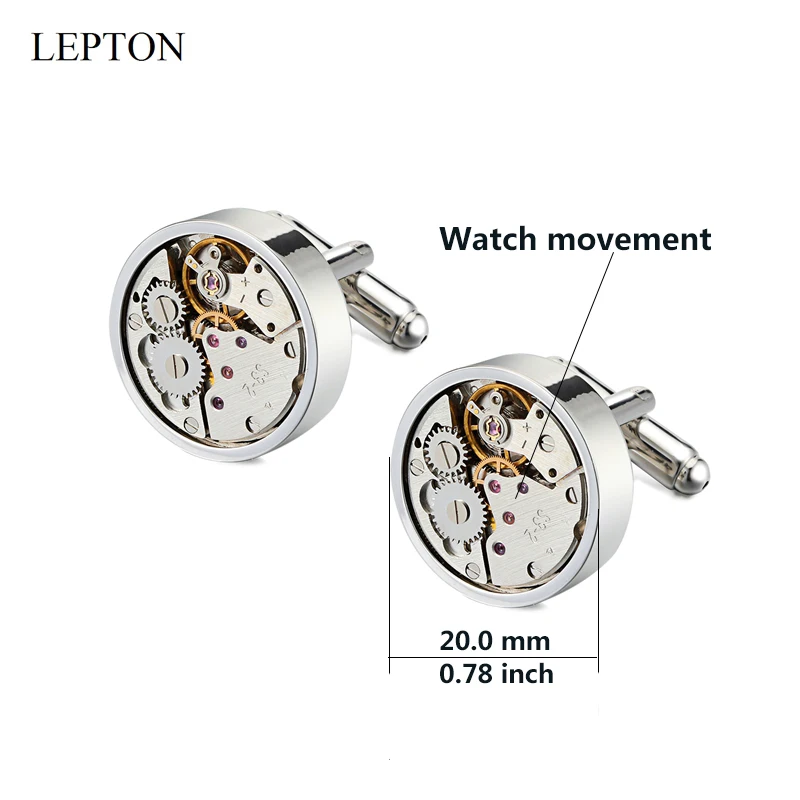 Hot sales eWatch Immovable Cufflinks Silver Color Round Steampunk Gear Watch Mechanism Cuff links for Lepton Men Relojes gemelos