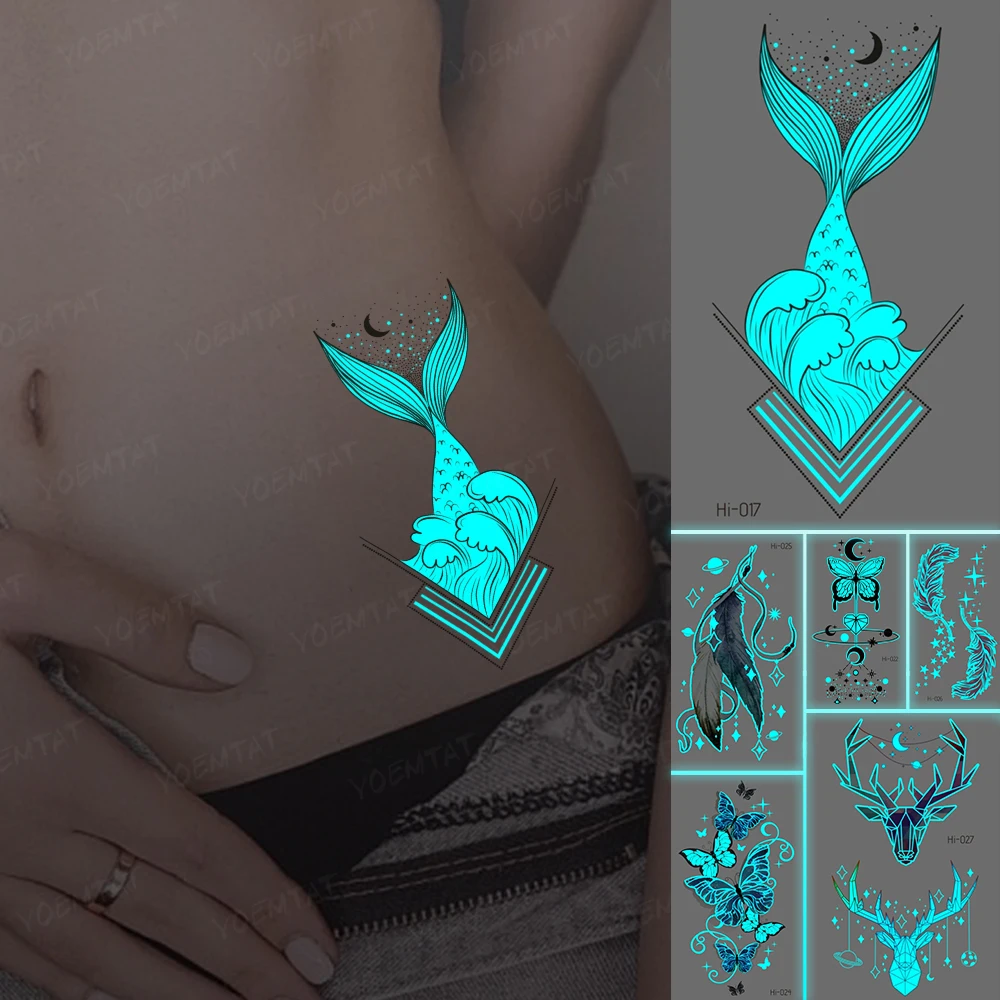 

Luminous Tattoos Fish Tail Night Glowing Sexy Feather Butterfly Snake Deer Waterproof Temporary Tattoo Stickers Flash Body Tatto