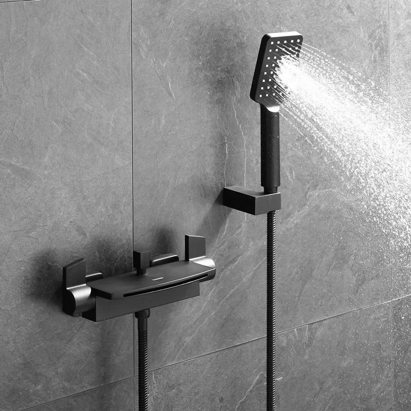 

Bath Shower Faucets Set Solid Brass Hot & Cold Bathtub Faucet Shower Mixer With Handheld Wall Mounted Waterfall Faucet Black