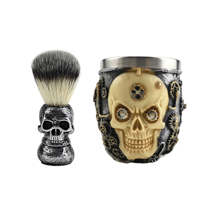 Professional Barber 2in1 Artistic Souvenir Skull Ornament Beard Cleaning Tool Foaming Soap Bowl And Shaving Brush Sets