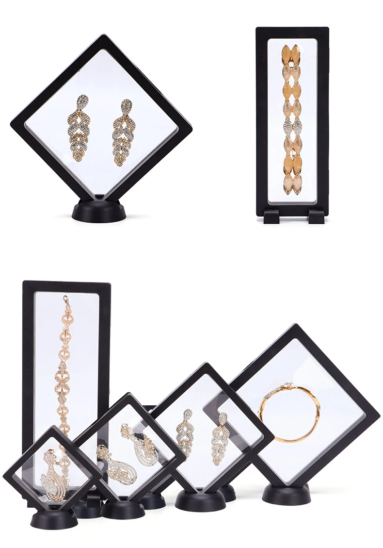 PE Film Jewelry Storage Box 3D Packaging Case Gemstone Free Stand Floating Frame Membrane Ring Earrings Necklace Display Holder