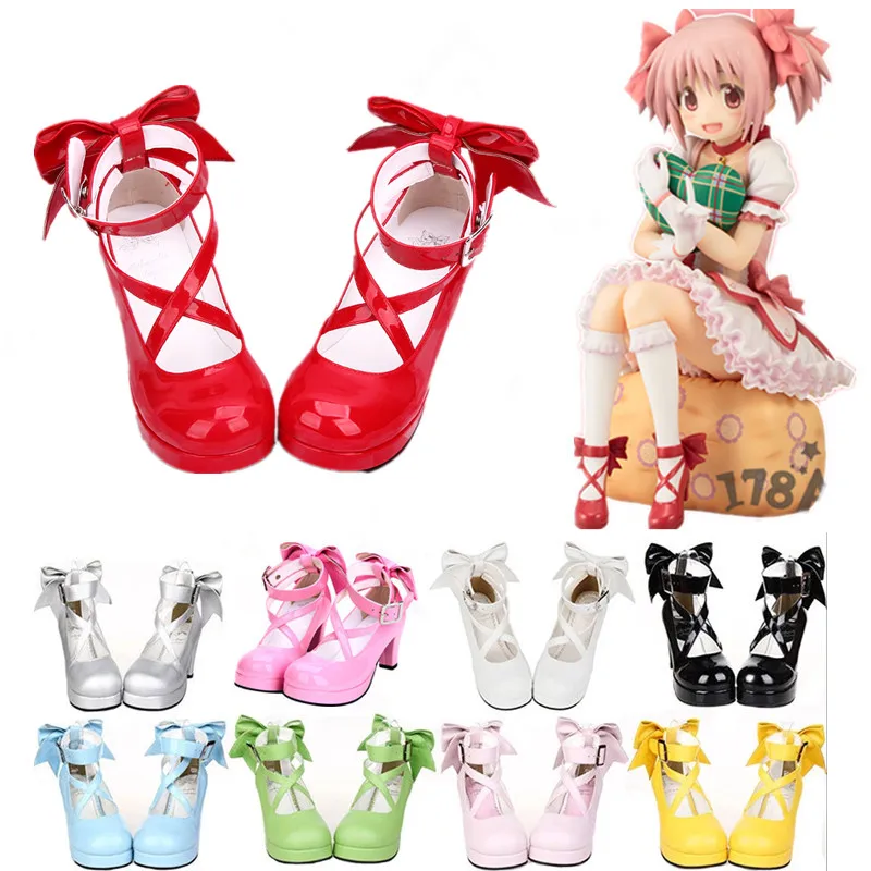 Anime Puella Magi Madoka Magica Kaname Madoka Lolita Platform Pumps High Heels Cosplay Shoes girls Lolita shoes thick heel cute