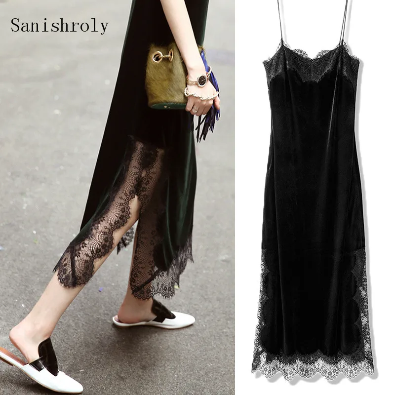 Sexy V-Neck Split Velvet Dress Women Long Spaghetti Strap Dress Eyelash Lace Dresses Female Autumn Winter Bottoming Vestidos