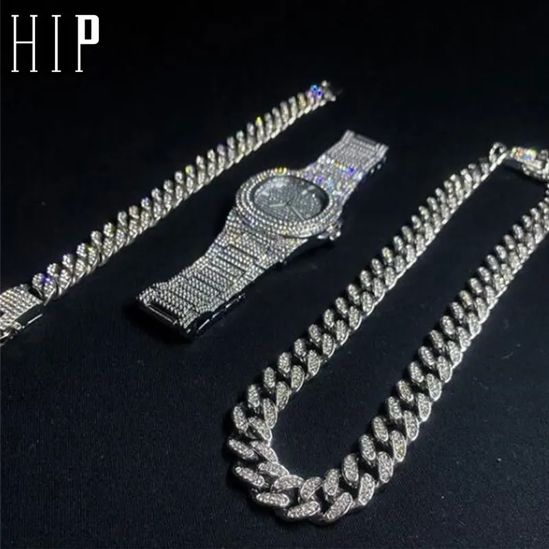 

Necklace +Watch+Bracelet 3pcs kit Hip Hop Miami Curb Cuban Chain Gold Full Iced Out Paved Rhinestones CZ Bling For Men Jewelry