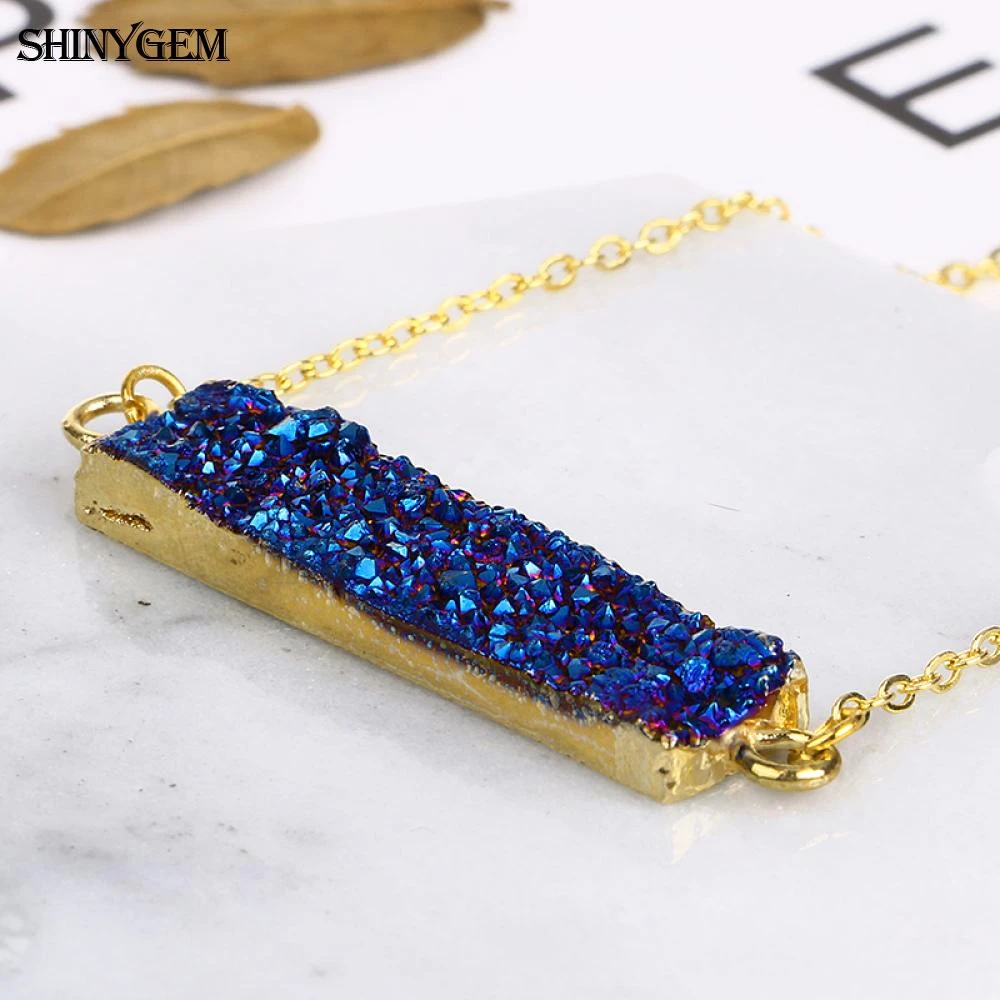 ShinyGem 10*40 مللي متر Druzy حجر اليدوية المعدنية كريستال مستطيلة قلادة الذهب سلسلة الأحجار الكريمة الطبيعية مجوهرات للنساء #5
