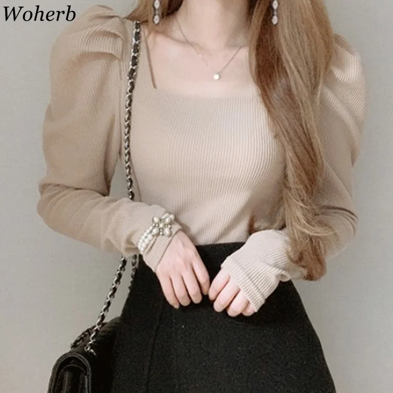 Woherb Chic Square Collar Puff Sleeve Vintage Thin Pullover Slim Fit Pleated Solid Sweater Autumn Spring 2024 New Knit Top
