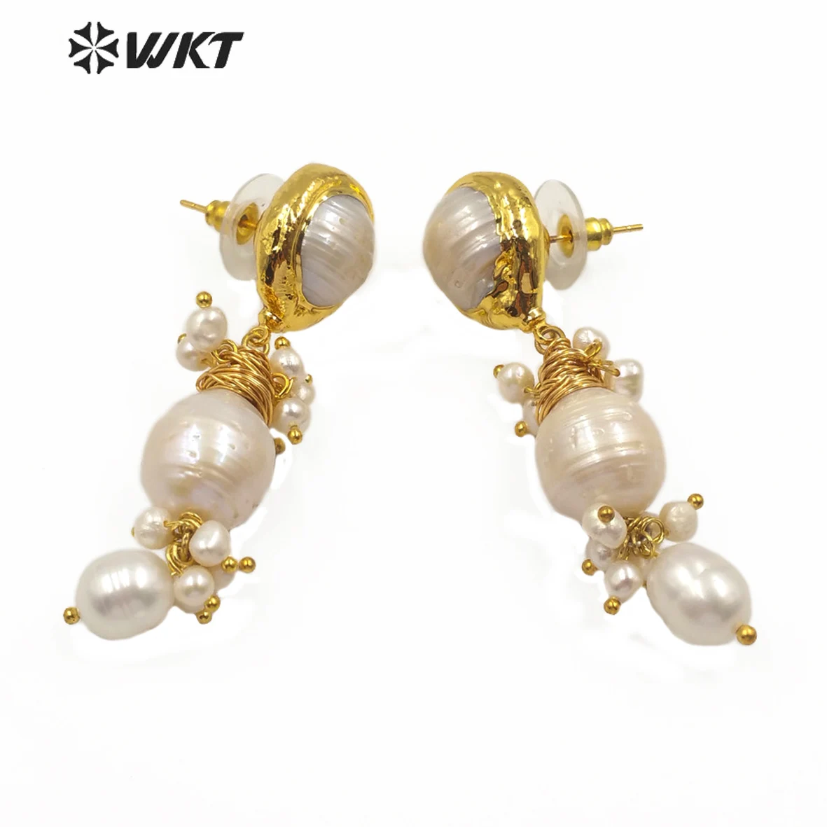 

WT-MPE021 WKT New ! Gold Electroplated Wire Wrapped Pearl Earrings Vintage Style Freshwater Pearl Earrings Women Fashion Jewelry