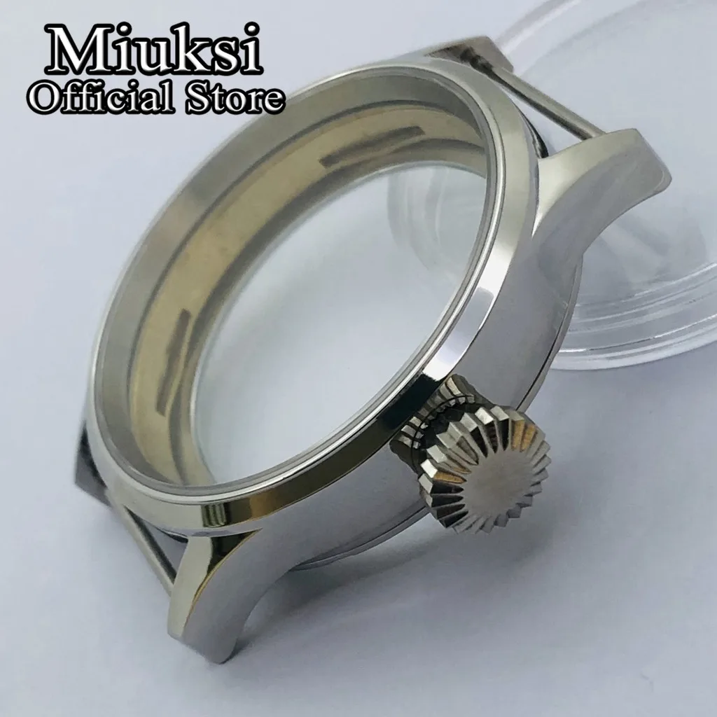 Muksi 43 مللي متر حافظة ساعة من الفولاذ المقاوم للصدأ مصقولة بالفضة زجاج الياقوت صالح ETA6497 6498 حركة سلسلة النورس ST3600 ST3620 ST36