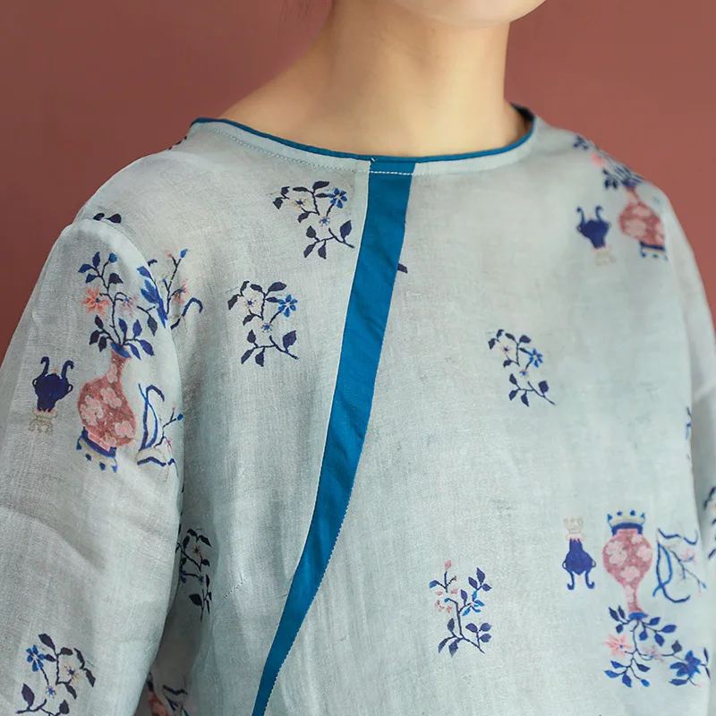 Spring Loose Large Size Literary Shirt Ramie T-shirt Panelled Color O-Neck Skirt Women's Clothing 2021 Tops