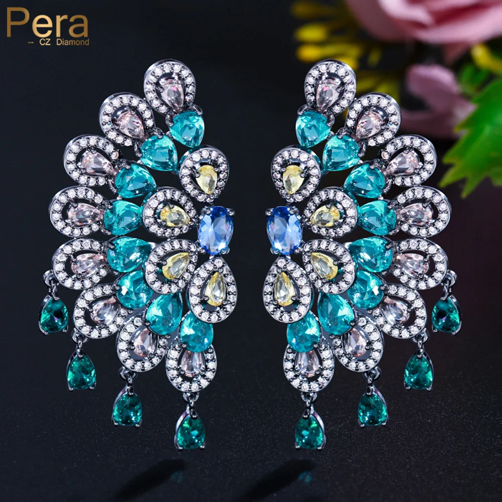 

Pera Overpowering Blue Yellow Champagne Peacock Desgin CZ Crystal Big Dangle Drop Earrings Dinner Jewelry Party for Women E876