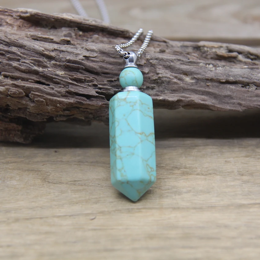 Natural Gems Crystal Hexagonal Point Essential Oil Vial Pendant Necklace Obsidian Turqupises Perfume Bottle Charm Jewelry QC1041