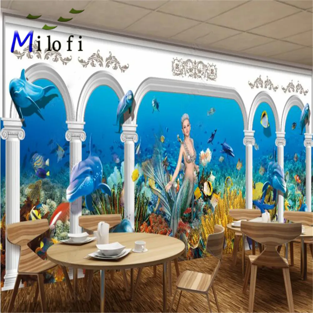 

MIlofi Custom Wallpaper Mural Underwater World Roman Column Palace Mermaid Whole House Background Wall