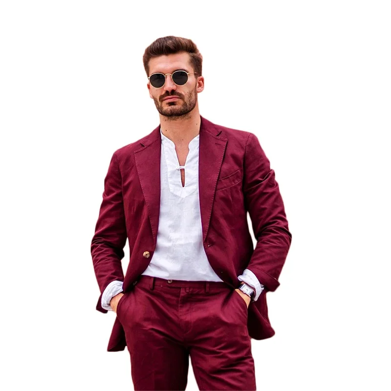 Burgundy Men Suits Two Pieces Custom Made Formal Spring Suits Two Button Tuxedos Peaked Lapel Blazer Business Coat+Pant