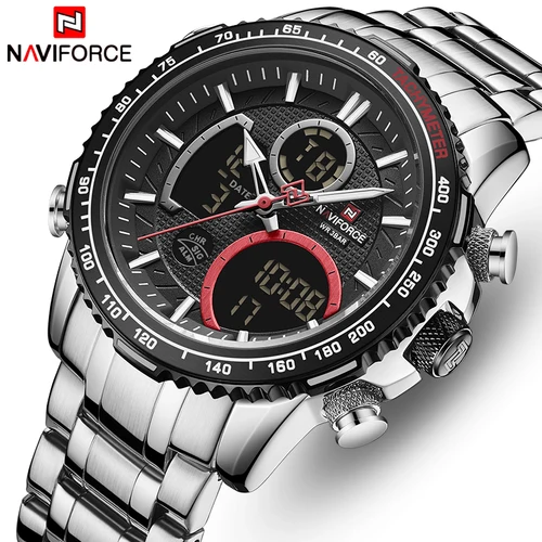 Imagen 1 del producto Reloj para hombre marca NAVIFORCE, banda de acero inoxidable, Reloj de pulsera de cuarzo resistente al agua, Reloj cronógrafo deportivo grande, relojes con fecha, Reloj masculino