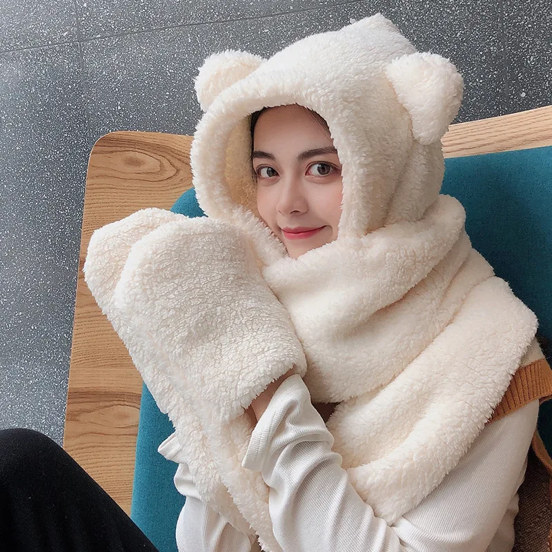 Lamb Velvet Hat Woman Winter Warm And Cold Hooded Scarf Gloves 3-in-1 Sets  Female Cute Bear Ear Protection Cotton Cap With Ears