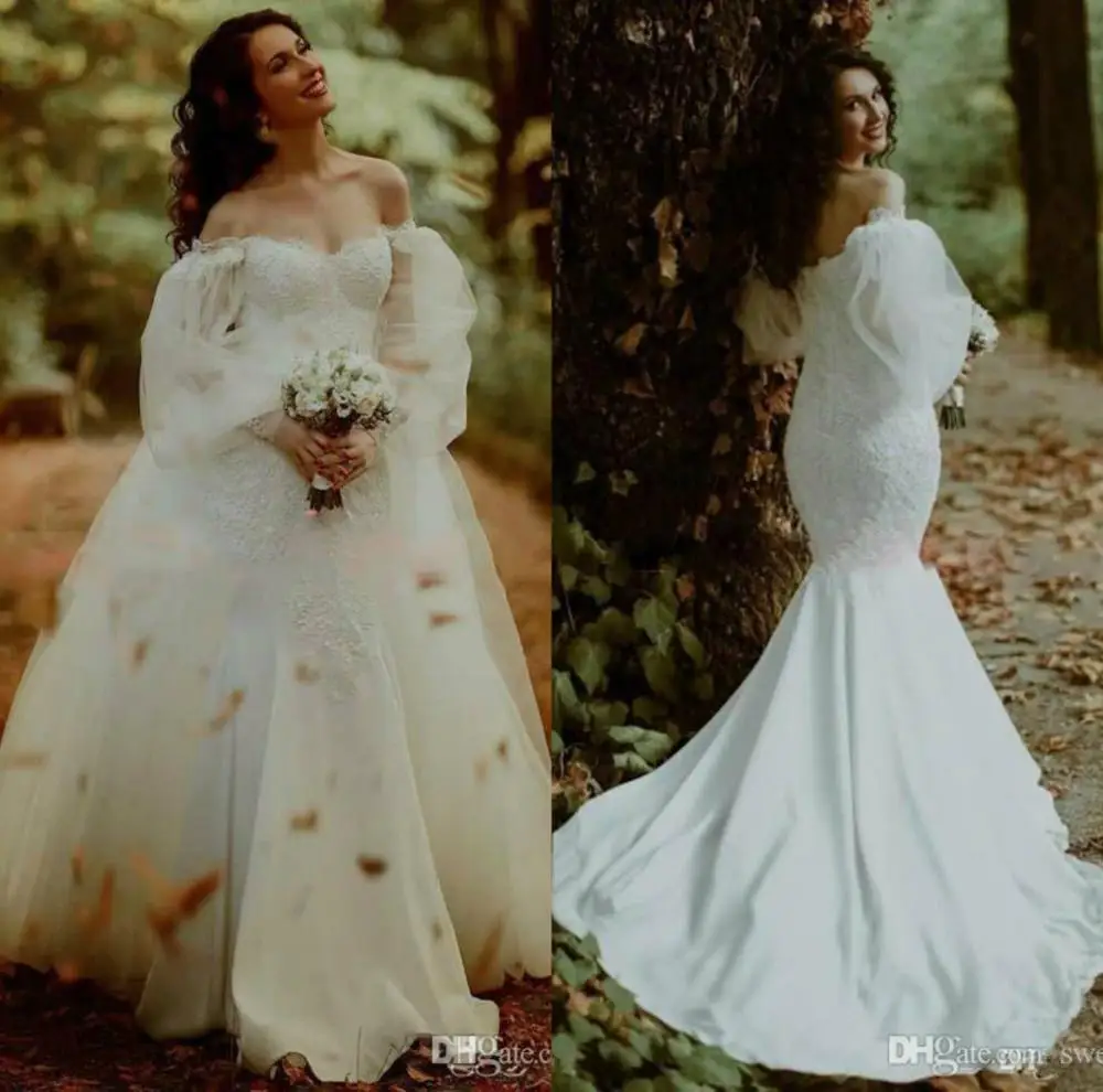 Robe de mariée sirène romantique à manches longues, jupe de mariage, en dentelle, épaules dénudées, tache, grande taille, sur mesure, 2020