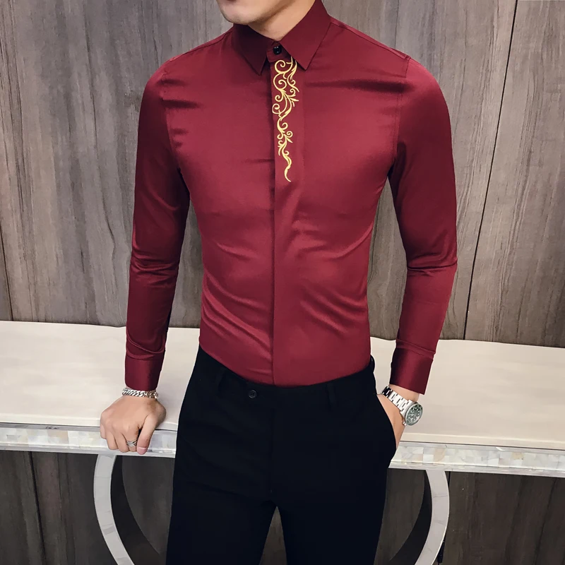 2022 Spring Men\'s Vintage Embroidered Shirt Long Sleeve Slim Social Club Prom Shirt Men\'s Casual Business Dress Tuxedo Shirt 3XL