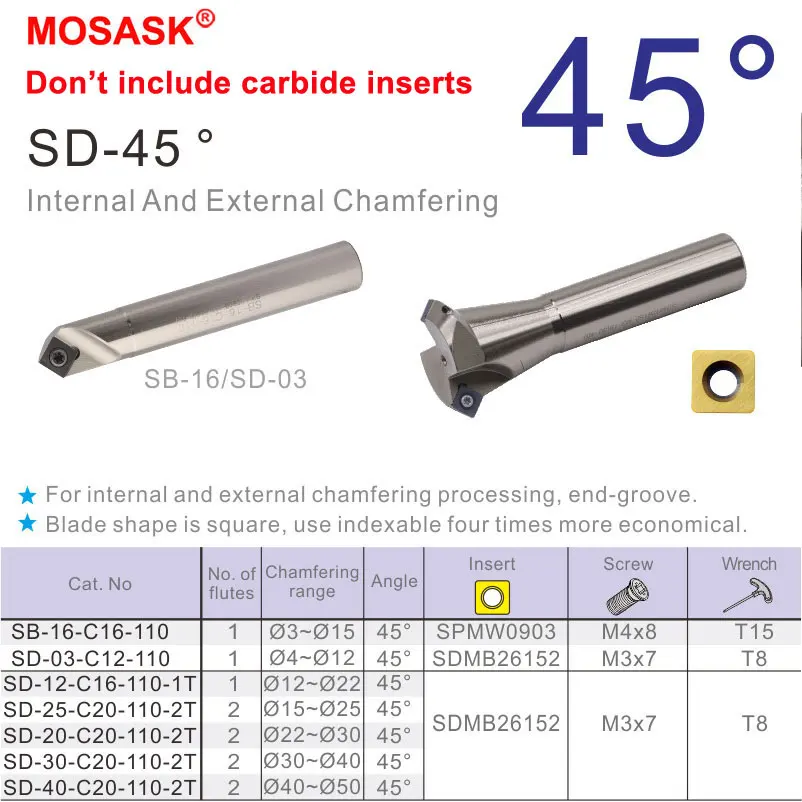 MOSASK Chamfer Mill Tool 45 Degree SDMB Carbide Inserts SD Holder 12 20 mm  Metalworking CNC Milling Chamfering Cutter