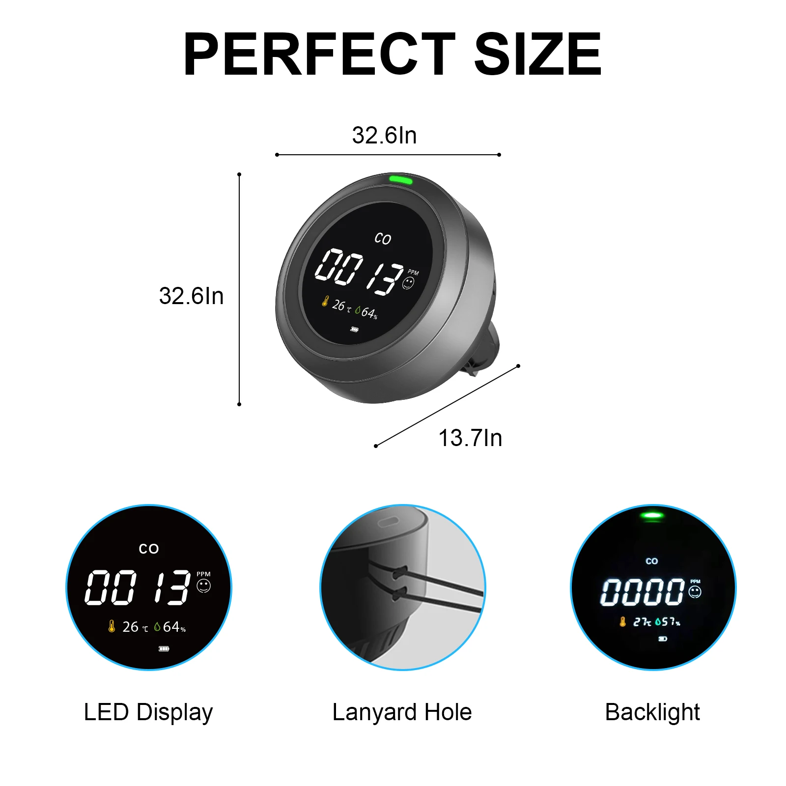 FABISENSE CO Meter Portable CO Monitor with Ambient Temperature Humidity 0~500ppm Air Quality Detector for Bedroom Office Car