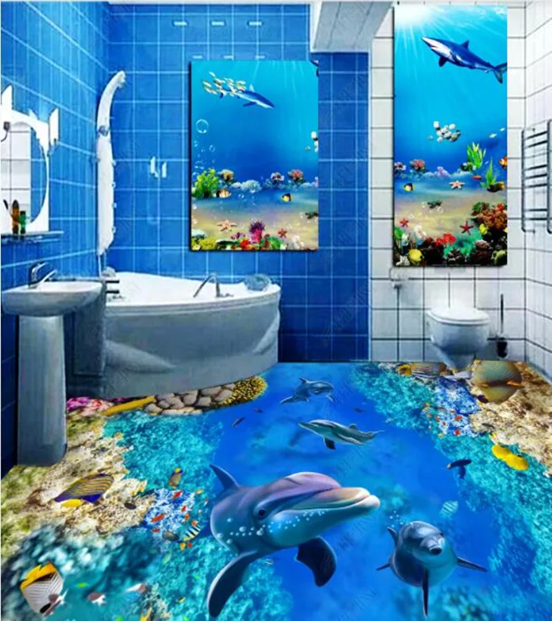 PVC Colorful underwater world natural landscape non-slip waterproof self-adhesive 3D floor sticker tiles bathroom 3D wallpaper