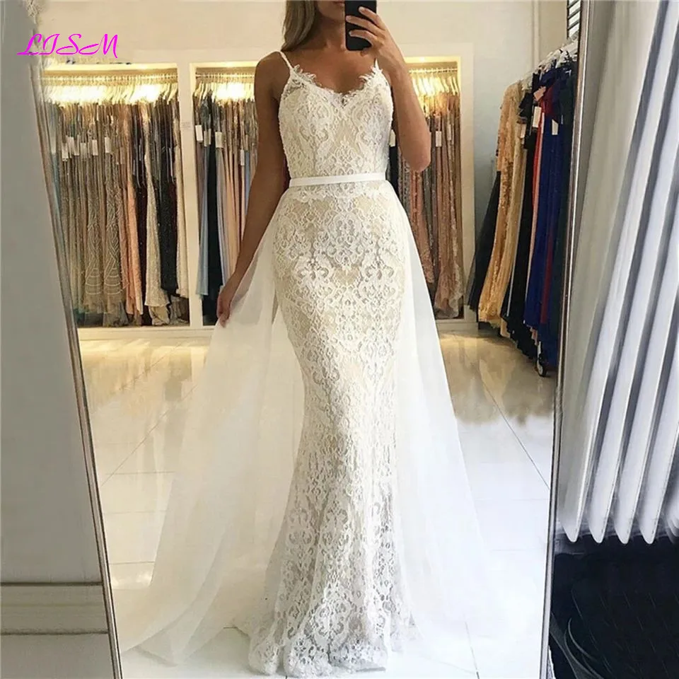 Lace Beaded Mermaid Evening Dresses 2020 Sexy V-Neck Long Tulle Prom Dress Elegant Overskirt Formal Party Gowns Vestido De Festa