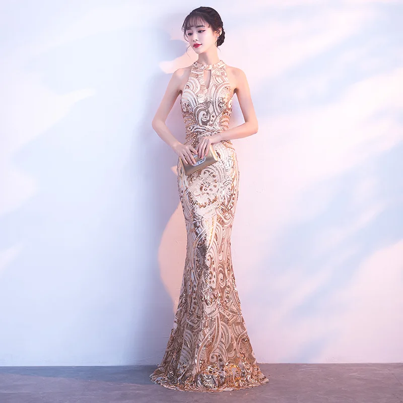 

Prom Dress Gold Bling Sequins Evening Party Dress Slim Long Mermaid Dress Elegant Halter Celebrity Banquet Dresses Cheongsam