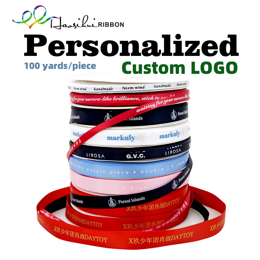 HAOSIHUI 6mm-100mm cinta plana impresa personalizada logotipo personalizado cinta de poliéster boda cumpleaños cintas de satén 100 yardas/lote