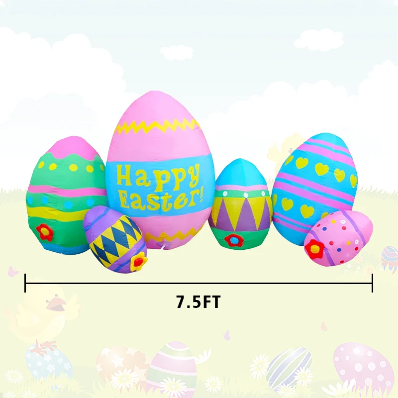 7.5 ft Inflatable Easter Eggs Decoration Colorful Six Eggs Easter Inflatable with Build in LED Light Blow Up Yard Holiday Decor