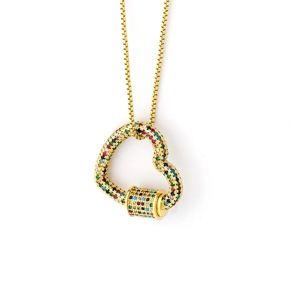 Classic Rainbow CZ Micro Pave Lock Carabiner Pave Lock Heart Shaped Copper Zirconia Clasp Necklace Jewelry Gift For Women Men