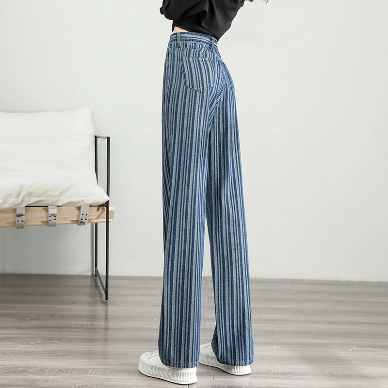 2024 Woman Retro high waist Jeans Fashion Striped wide-leg pants Quality Street Harajuku Straight Pants