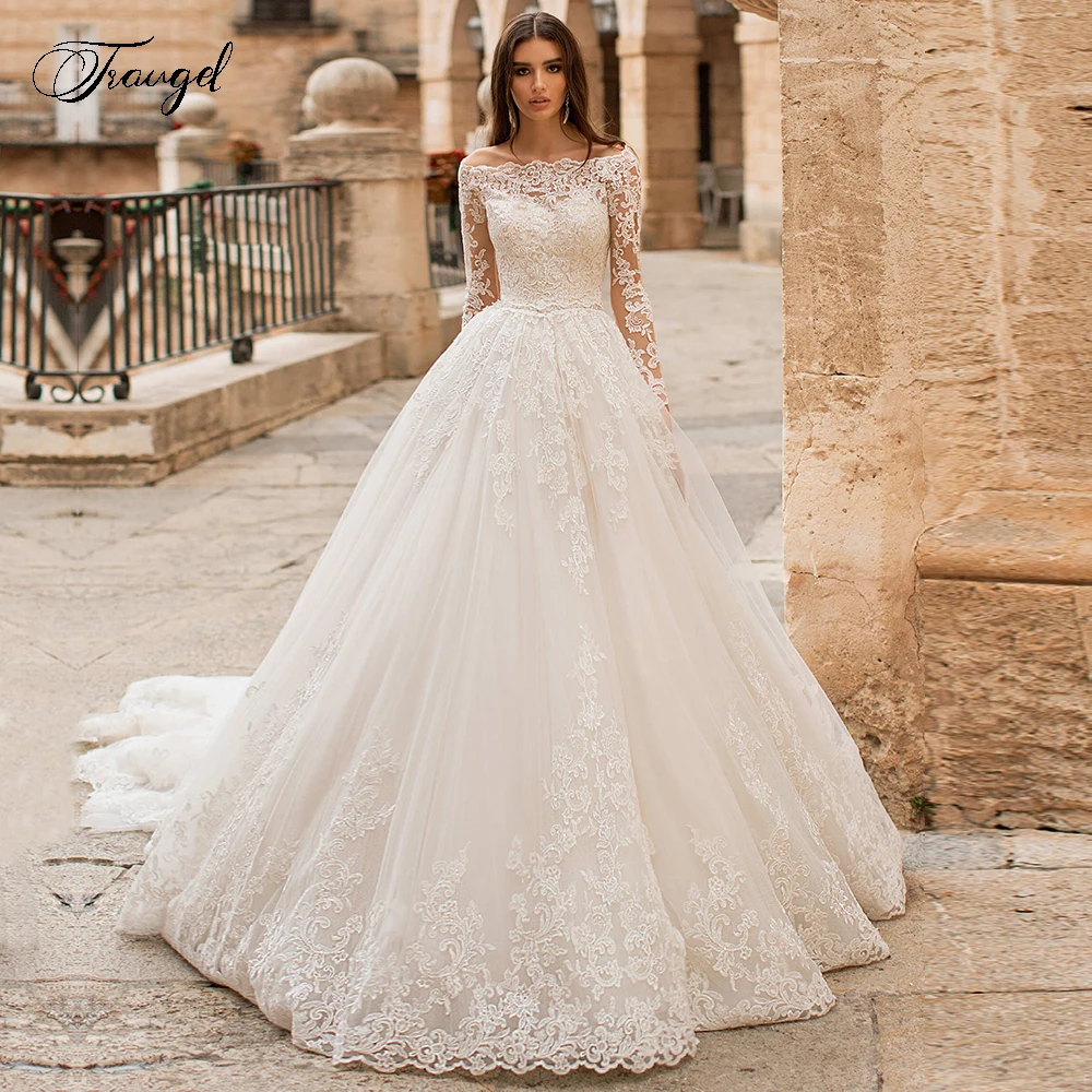 Traugel Abiti da sposa vintage in pizzo a maniche lunghe con scollo a barchetta sexy Abiti da sposa di lusso con applicazioni di fusciacche con strascico a cappella e bottoni