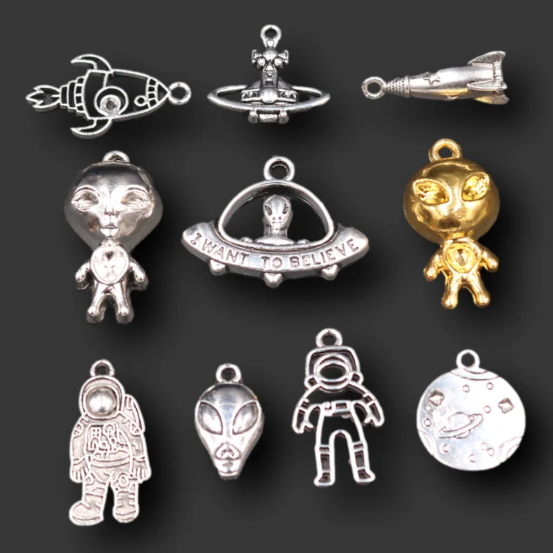 20pcs Mix Alien/UFO/Space Shuttle/Astronaut Lunar Exploration Pendant DIY Charm Hip Hop Mysterious Universe Jewelry Crafts Gifts