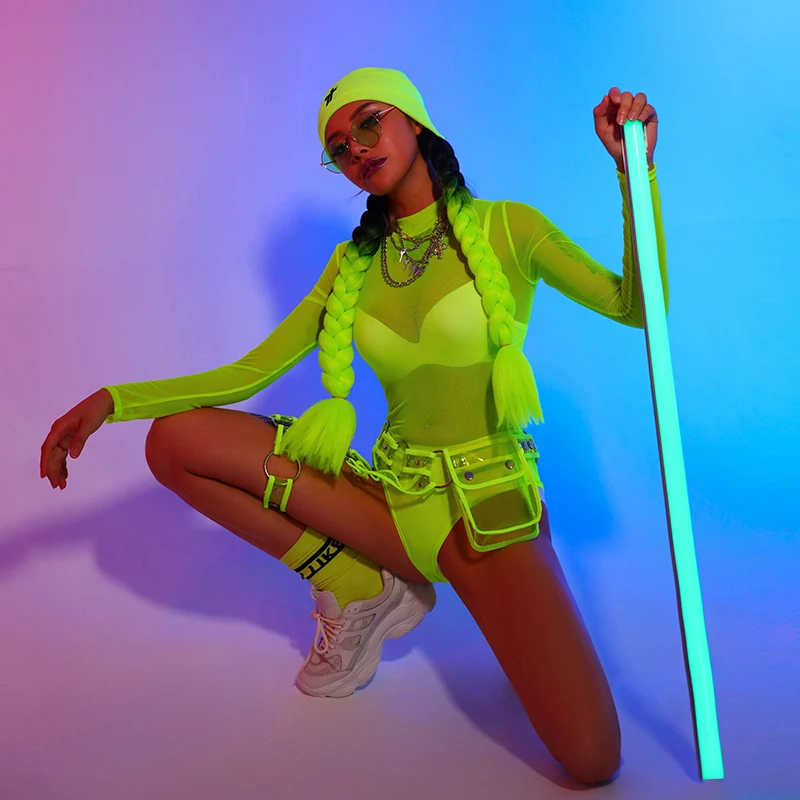 Neon Xanh Sân Khấu Trang Phục Nữ Sexy GoGo Vũ Quần Áo Phù Hợp Với Cosplay Thần Tiên Ca Sĩ Hàng Đầu Vũ Hộp Đêm Jumpsuit BL1861