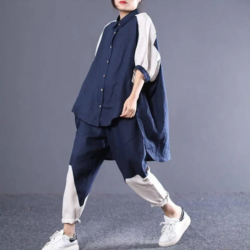 Spring Summer Pants Suit Korean Loose Matching Cotton Linen Asymmetric Shirt Leisure Two Piece Set Tracksuit Womens Half Sleeve